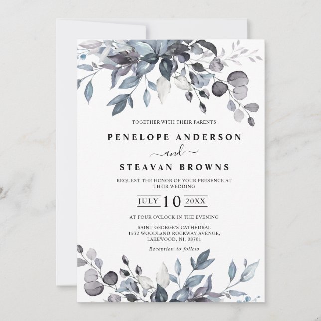 Dusty Blue Eucalyptus Greenery Wedding Einladung (Vorderseite)