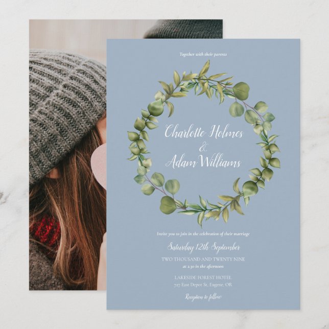 Dusty Blue Eucalyptus Greenery Wedding Foto Einladung (Vorne/Hinten)