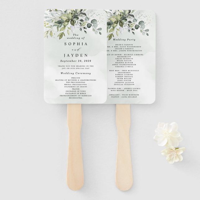 Dusty Blue Eucalyptus Greenery Wedding Programs Fächer (Vorne und Hinten)