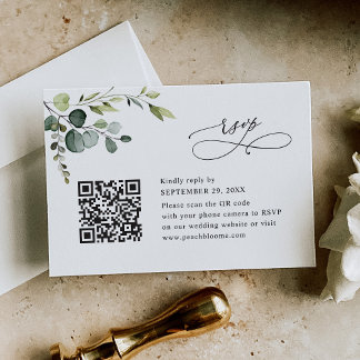Dusty Blue Eucalyptus Greenery Wedding QR Code RSVP Karte