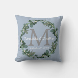 Dusty Blue Eucalyptus Monogram Wedding Keepake Kissen