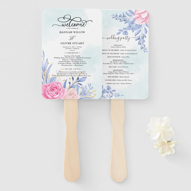 Dusty Blue Eucalyptus Rose Floral Wedding Program Fächer (Vorne und Hinten)
