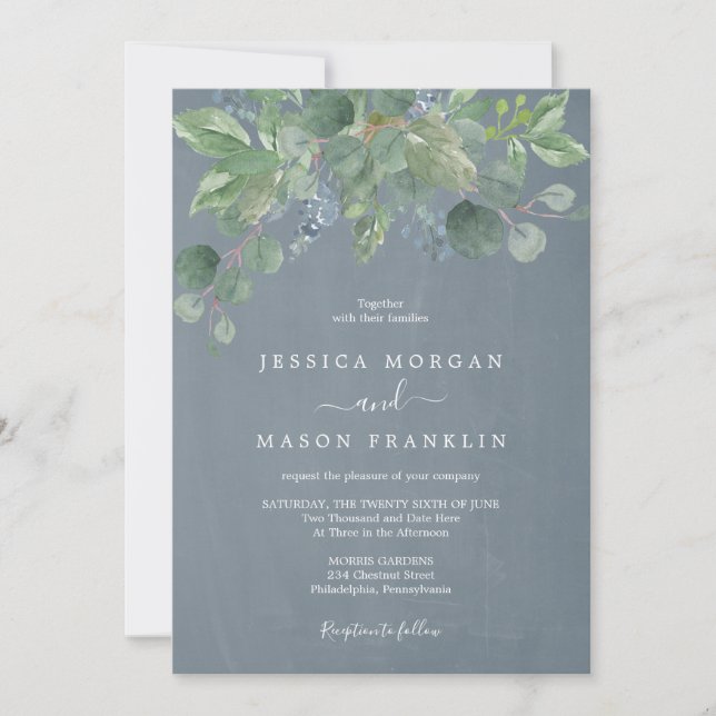 Dusty Blue Eucalyptus Rustic Wedding Einladung (Vorderseite)