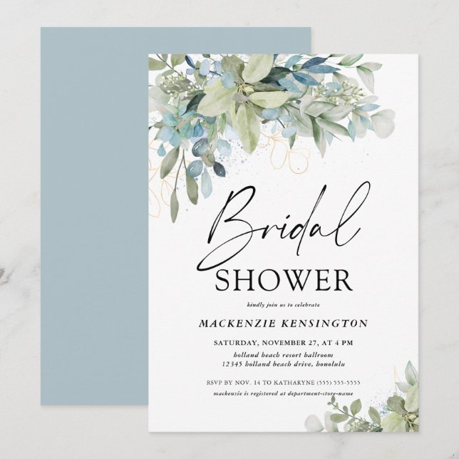 Dusty Blue Eucalyptus Script-Brautparty Einladung (Vorne/Hinten)