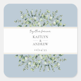 Dusty Blue Eucalyptus Together Forever Wedding Quadratischer Aufkleber