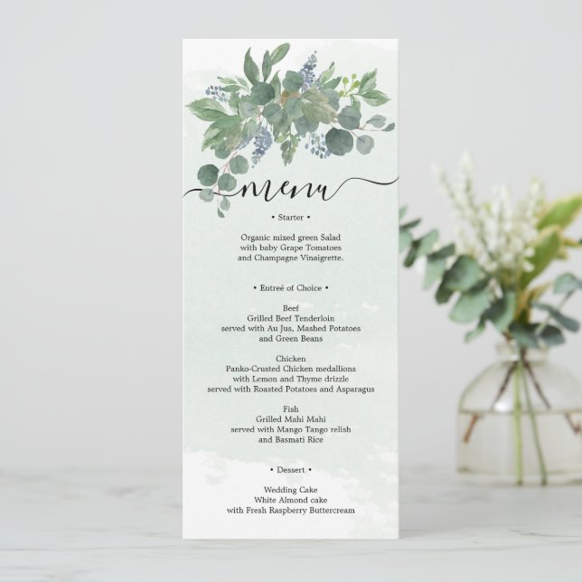Dusty Blue Eucalyptus Wedding Menu Brautparty Einladung (Stehend Vorderseite)