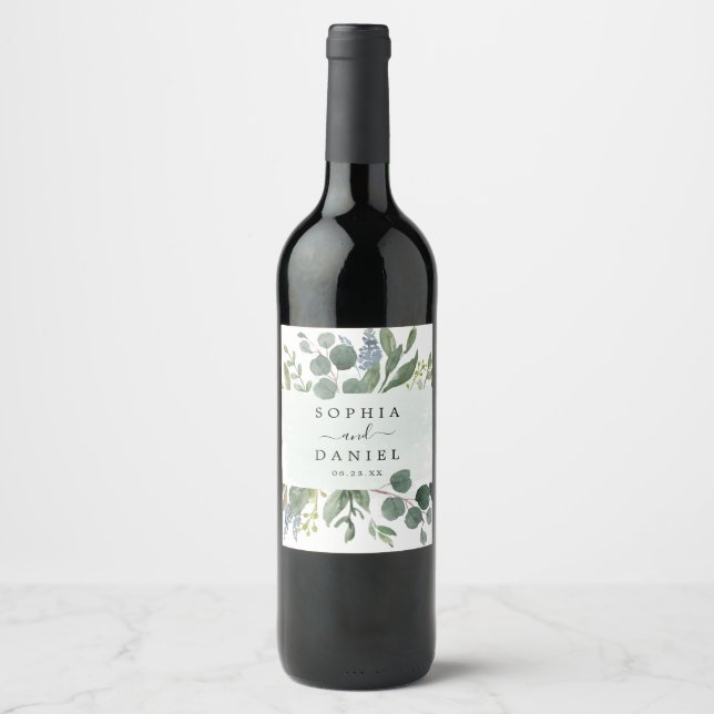 Dusty Blue Eucalyptus Wedding Wine Labels Weinetikett (Vorderseite)