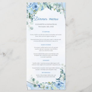 Dusty Blue Eukalyptus Greenery Silver Frame Dinner Menükarte