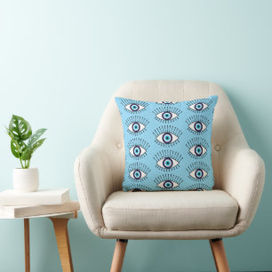 Dusty Blue Evil Eye Gemustert reversible Kissen