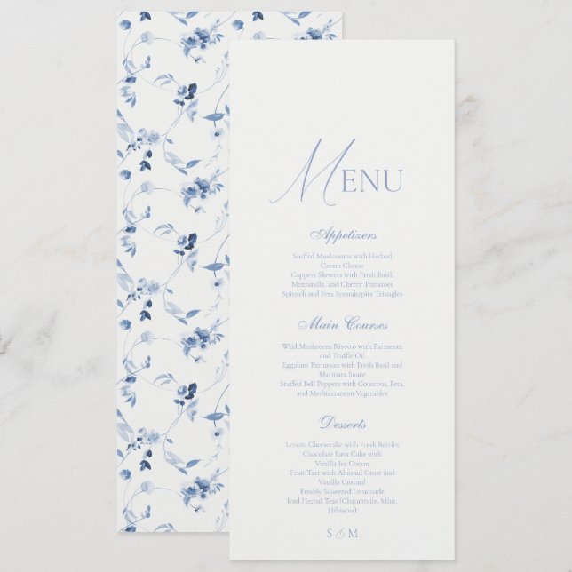 Dusty Blue Fine Art Floral Wedding Menu  Einladung (Vorne/Hinten)