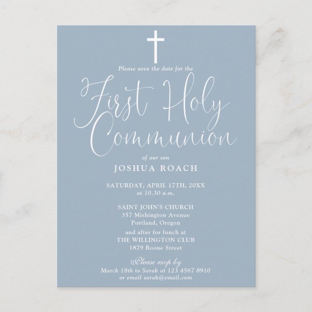 Dusty Blue First Holy Communion Save the Date Postkarte (Vorderseite)