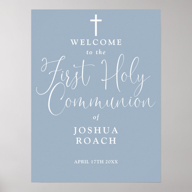 Dusty Blue First Holy Communion Willkommenszeichen Poster (Vorne)