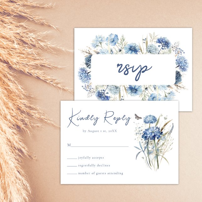 Dusty Blue Fleur sauvage Elegant Boho Wedding RSVP (Créateur téléchargé)