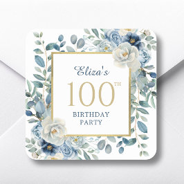 Dusty Blue Floral 100. Geburtstag Gefallen Quadratischer Aufkleber