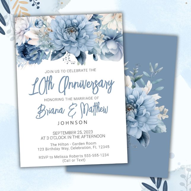 Dusty Blue Floral 10. Hochzeitstag Einladung (Von Creator hochgeladen)