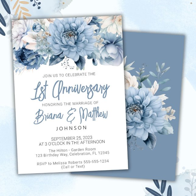 Dusty Blue Floral 1. Hochzeitstag Einladung (Von Creator hochgeladen)