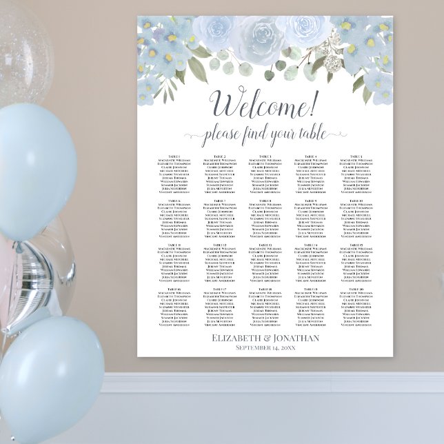 Dusty Blue Floral 20 Table Wedding Seating Chart Poster (In Situ on Wall)