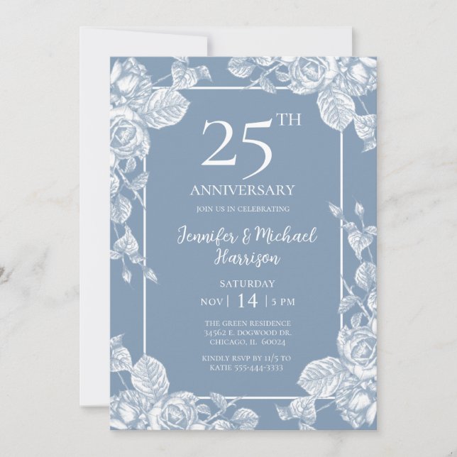 Dusty Blue Floral 25 Jahre Einladung (Vorderseite)
