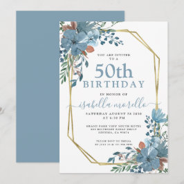 Dusty Blue Floral 50. Geburtstag Einladung