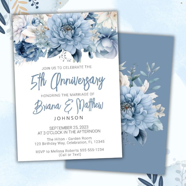 Dusty Blue Floral 5. Hochzeitstag Einladung (Von Creator hochgeladen)