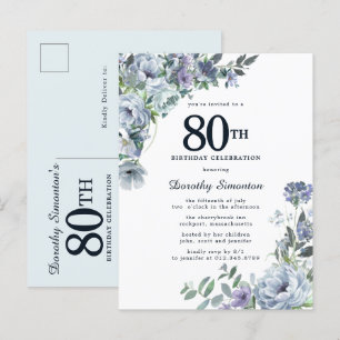 Dusty Blue Floral 80. Geburtstag Hübsch Einladungspostkarte