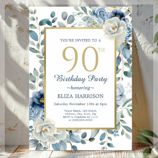 Dusty Blue Floral 90. Geburtstag Einladung