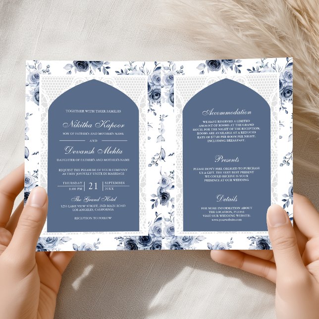 Dusty Blue Floral All in One Lace Indian Wedding Einladung (Von Creator hochgeladen)