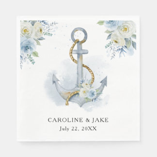 Dusty Blue Floral Anchor Nautical Wedding Serviette