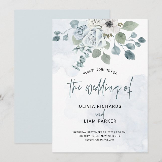 Dusty Blue Floral and Eucalyptus Wedding Einladung (Vorne/Hinten)