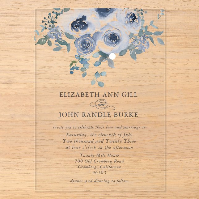 Dusty Blue Floral and Grey Acrylic Invitation Acryleinladungen (Vorderseite)