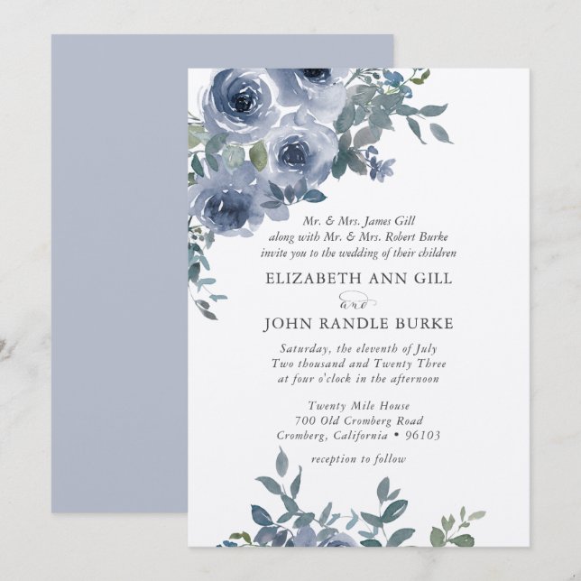 Dusty Blue Floral and Grey Formal Wedding Invite Einladung (Vorne/Hinten)