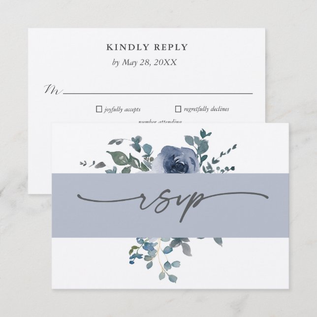 Dusty Blue Floral and Grey Wedding RSVP Einladung (Vorne/Hinten)