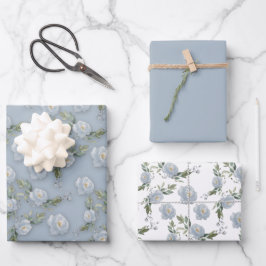 Dusty Blue Floral Aqucolor Geschenkpapier Set