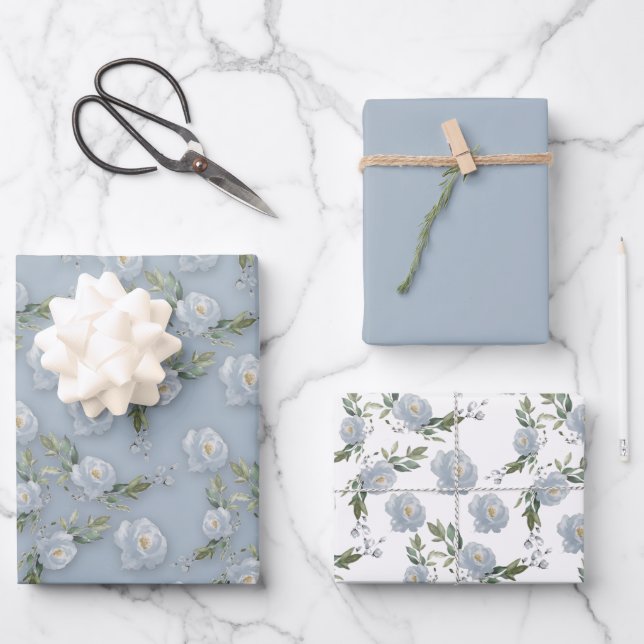 Dusty Blue Floral Aqucolor Geschenkpapier Set (Vorderseite)