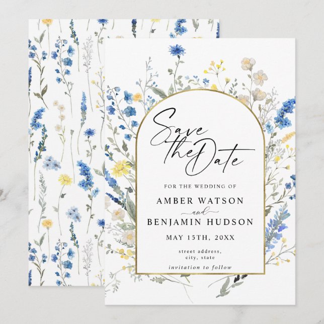 Dusty Blue Floral Arch Hochzeit speichern das Datu Einladung (Vorne/Hinten)