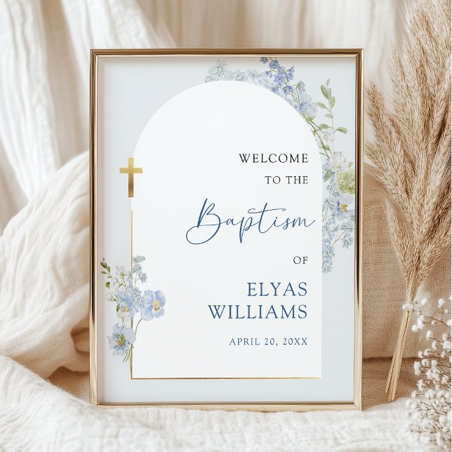 Dusty Blue Floral Arched Boy Baptism Welcome Sign Poster (Von Creator hochgeladen)