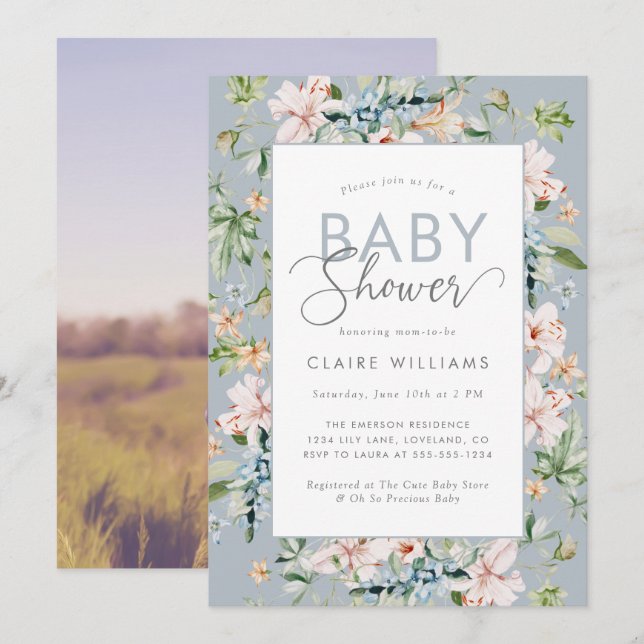 Dusty Blue Floral Baby Dusche Einladung (Vorne/Hinten)