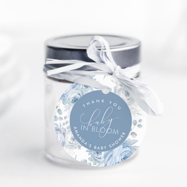 Dusty Blue Floral Baby in Bloom Baby Shower Geschenkanhänger (Baby in Bloom Dusty Blue Favor Tags)