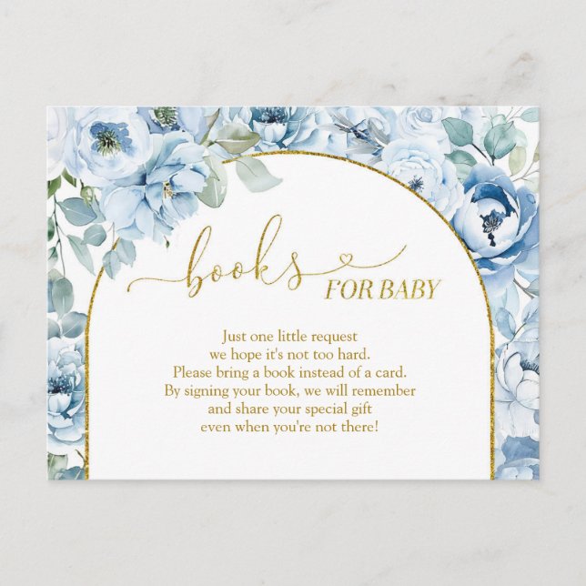 Dusty Blue Floral Baby Shower Books für Baby Einladungspostkarte (Vorderseite)