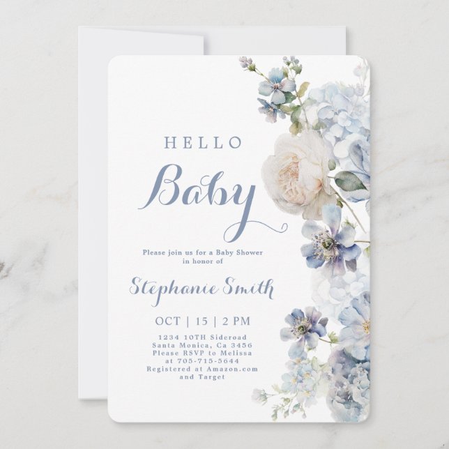 Dusty Blue Floral Baby Shower Boy Einladung (Vorderseite)