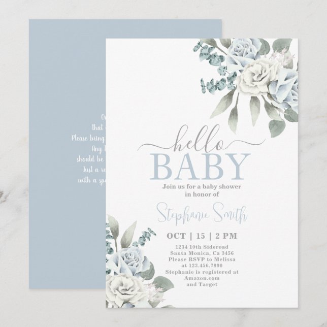 Dusty Blue Floral Baby Shower Boy Einladung (Vorne/Hinten)