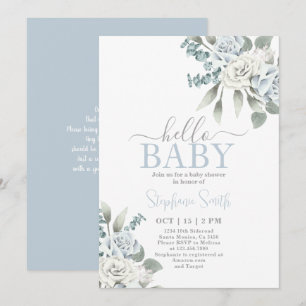 Dusty Blue Floral Baby Shower Boy Einladung