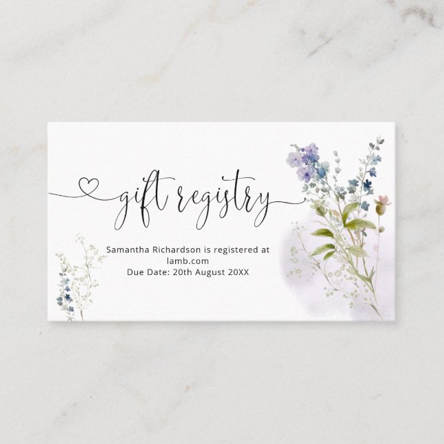 Dusty Blue Floral Baby Shower-Registrierung Visitenkarte (Vorderseite)