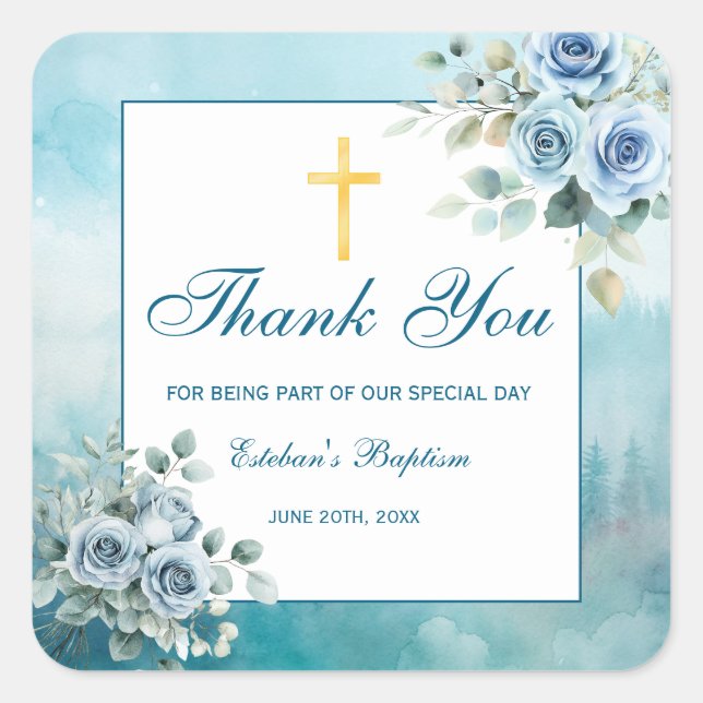 Dusty Blue Floral Baptism Boy  Quadratischer Aufkleber (Vorderseite)
