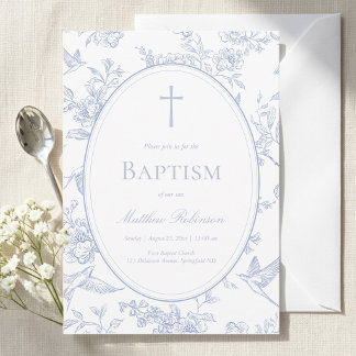 Dusty Blue Floral Baptism Einladung