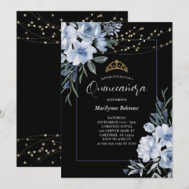 Dusty Blue Floral Black Quinceañera Einladung