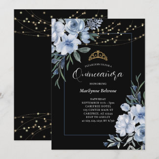Dusty Blue Floral Black Quinceañera Einladung