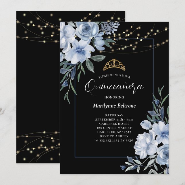 Dusty Blue Floral Black Quinceañera Invitation (Devant / Derrière)