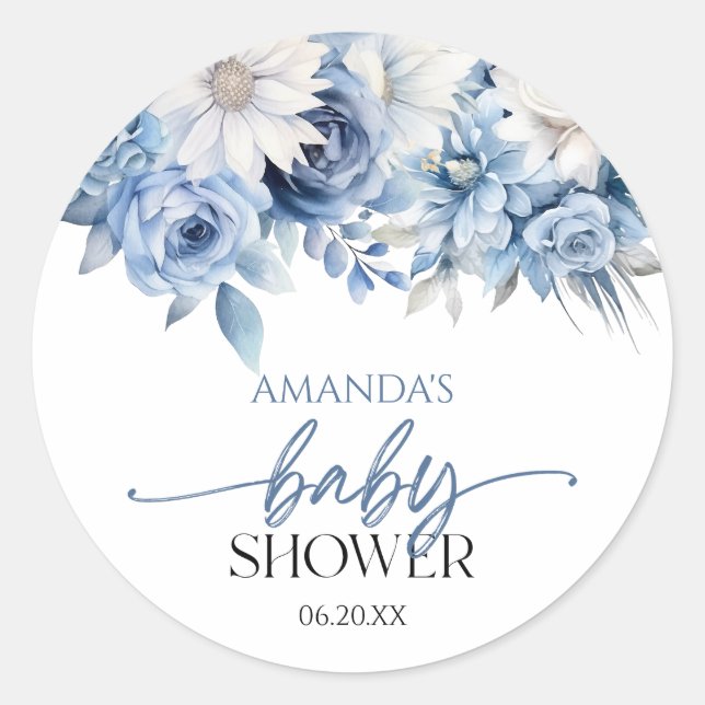 Dusty Blue Floral Blume Babydusche Runder Aufkleber (Vorderseite)