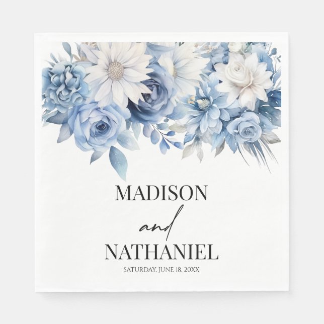 Dusty Blue Floral Blume Botanische Hochzeit Serviette (Vorderseite)